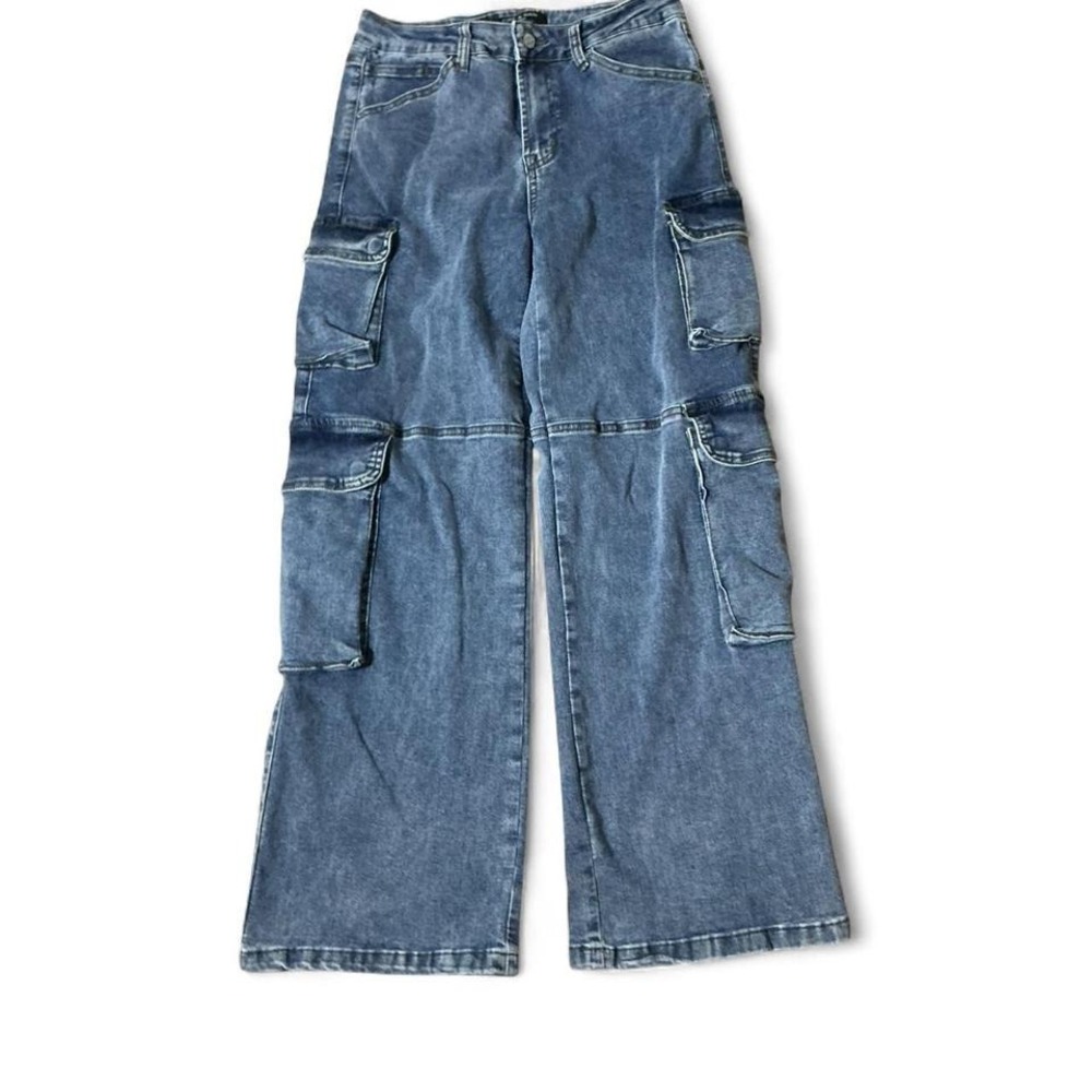 Y2K Fire & Rain Denim Wide Leg Cargo Jeans Medium Wash Blue‎ Size 9 RJR-1990